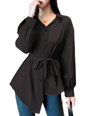 [ブブ オーハナ] ブラウス 無地 アシンメトリー 変形 長袖 リボン 付き シャツ レディース 女性 服 用 春 夏 秋 冬 物 長め オープン カラー アシメ オフィス ビジネス カジュアル ワイ Y カッター りぼん つき くろ ブ [ブラック] [M]