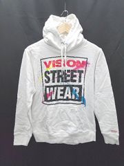 ◇ VISION STREET WEAR ヴィジョン ロゴ プリント 長袖 プルオーバー パーカー サイズM ホワイト メンズ P  【1406180053673】