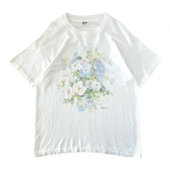 90s USA製 水彩画 花  植物 アートTシャツ シングルステッチ ホワイト パステルカラー anvil