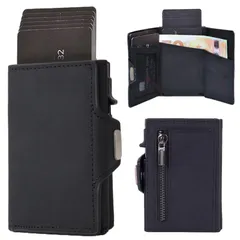 [GRHONC] スマートウォレット ミニ財布 三つ折り財布 本革 カードケース スライド式 コンパクト 薄型 キャッシュレス ミニマリスト (ブラック) [ブラック]