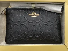 【コーチ COACH】【限定品】 小物(ポーチ)ブラック ラグジュアリー シグネチャー レザー コーナー ジップ リストレット アンド チャーム 3点セット (ボックス リボン付き)