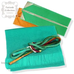 振袖用 正絹 帯揚げ 帯締め 重ね衿 4点セット (14)緑 グリーン パール組紐