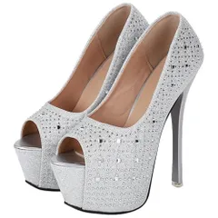 オープントゥ ピンヒール ハイヒール キラキラ スパンコール 16cm キャバ 美脚 綺麗 お洒落 パーティー (シルバー, 24.5 cm)