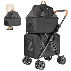 LPOTIUS ペットカート 多頭 上下2段式 分離型 折りたたみ ペットバギー 軽量 犬用ベビーカー コンパクト収納 ペットキャリーバッグ 4輪 前輪360°回転 後輪ブレーキ付き 小型犬 中型犬 犬猫兼用 耐荷重20KG 上段10KG 下段10KG 多 1