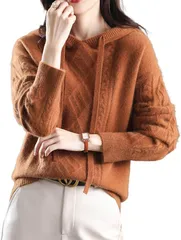 J.STORE ニット パーカー ケーブル編み フード付き 長袖 アタタカイ プルオーバー 森ガール キレイメ ユッタリ 着痩せ カジュアル セーター シンプル フワフワ 無地 可愛い 秋 冬 3A-J09-BRL( ブラウン,  L)