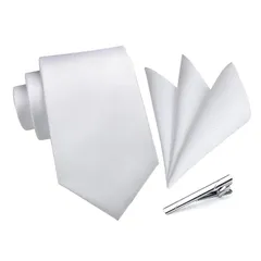 [HISDERN] ネクタイ 結婚式 白 メンズ フォーマルブランド ネクタイ ポケットチーフ 3点セット 無地 プレゼント 高級 ボックス付き ビジネス 慶事 披露宴 紳士 礼服