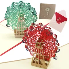 【特価セール】moin moin メッセージ カード 観覧車 ダーク レッド + グリーン 2種セット 封筒付/バースデー グリーディング 切り絵 立体 飛び出す リアル 3D 赤 緑 2111me214