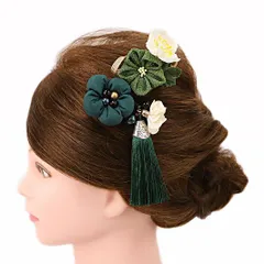 髪飾り 成人式 つまみ細工 振袖 前撮り 袴 花 浴衣 夏祭り 花火大会 豪華3点セット 緑 深緑 渋緑 白 ゴールド ちりめん 房ピン No.9-4206