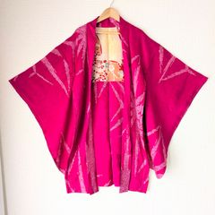 Japanese Vintage Haori Long Chirimen Magenta pink Silk Kimono Jacket Old-ⅽloth 長羽織 羽織 正絹 縮緬 鹿の子絞 牡丹色 濃ピンク 古布 時代布 一点物 大正浪漫 和洋折衷