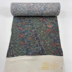 反物 秀品 小紋 花唐草 斜縞 縮緬 灰緑 正絹 【中古】