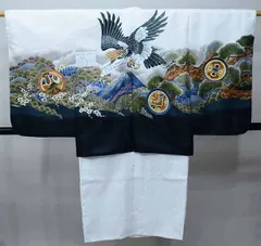 七五三 五歳 男児 羽織・着物・襦袢3点セット 豪華絢爛 綸子地 白地 鷹 お仕立て無料 祝着 NO38808-2-W