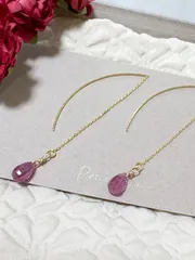 天然ルビー ワイヤーラップピアス／K16GPチェーンピアス・華奢デザイン　アメリカンタイプのチェーンピアス