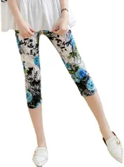 MT's SHOP レギンス 7分丈 レディース 柄物 薄手 通気性 伸縮性 ヨガ 膝丈 フリーサイズ FA325 青花( ブルー花,  Free Size)