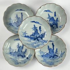 513 染付　山水　古伊万里　伊万里焼　骨董　アンティーク　膾皿　5枚セット