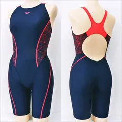 ●SE3H80☆新品同様 美品 arenaアリーナ競泳水着 ハーフスーツ S相当 紺 赤 赤ステッチ オープンバック ぴたぴた レディース 練習用水着 フィットネスジムプール ■