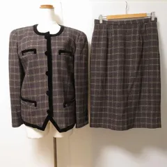 #wnc レリアン Leilian スカートスーツ ツーピース セットアップ 11 グレー 黄 白 チェック ノーカラー パイピング レディース [901319]