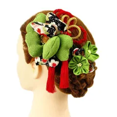 髪飾り 成人式 つまみ細工 振袖 前撮り 袴 浴衣 夏祭り 花火大会 2点セット 緑 渋緑 ちりめん 房付き 組紐 和柄 ヘアアクセ か No.9-3318