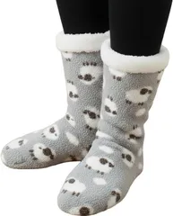 emptio エンプティオ おもしろ柄 モコモコ 動物 おやすみ ソックス くつした レディース 暖かい 温かい かわいい ゆったり ゴム緩め ルーズ 疲れにくい 裏起毛 ゆるめ 緩い 夜用(ひつじライトグレー,  Free Size)