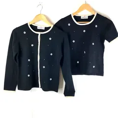 ギャラリービスコンティ GALLERY VISCONTI アンサンブルカーディガン 長袖 半袖ニット 花刺繍 装飾付き 羊毛100％ 黒 Mサイズ 938152