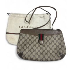 GUCCI グッチ アクセサリーコレクション シェリーライン GG柄 ショルダーバッグ オールドグッチ ポシェット PVC×レザー ブラウン系 ヴィンテージ