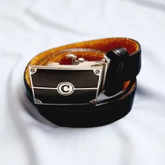 ノーブランド 本革レザーベルト 黒×シルバー C ロゴ バックル