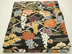 平和屋着物●六通柄袋帯　唐織　草花文　黒地　金糸　正絹　逸品　CAAT1034hy