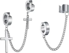 【在庫処分】2点セットフェイクピアス イヤーカフ チェーン メンズ レディース 穴なしノンホール ピアス イヤリング 韓国 ファッション 片耳 人気 金属アレルギー対応 収納ポーチ付き ユニセックス