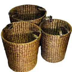 【未使用】シュロラウンドバスケット　大中小三個セット　ランドリーバスケット　おもちゃ箱　アジアンテイスト　