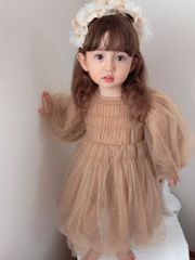 韓国子供服 パフスリーブ チュール ドレス ワンピース 女の子 セレモニードレス 誕生日 バースデー 撮影 1歳 2歳 3歳 90 100 110