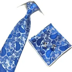 ネクタイ　ポケットチーフ　カフスボタン　3点セット ペイズリー柄　ブルー　青色 シルバー 結婚式 パーティー イベント ダンスパーティー バーテンダー スーツ ワイシャツ 格安 小物