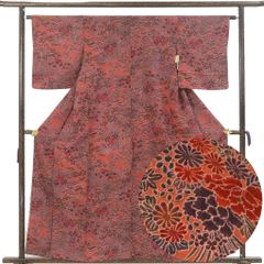 小紋 身丈159cm 裄63cm 前幅22.5cm 後幅30cm 袖丈48cm 袖幅32cm レディース 袷 花柄 裄Mサイズ 秋冬春用 正絹（シルク）ブラウン 美品 リメイク リユース リサイクル【呉服のきくや】