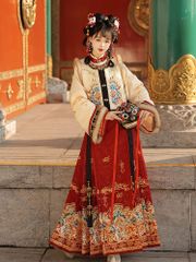 新品未使用 明制改良漢服 刺繍入り比甲＋立襟トップス＋馬面スカート 冬用裏起毛 デザイン 高級感たっぷり 全3色選択可（レッド・ブルー・アイボリー） 撮影会・舞台衣装・特別イベント・仮装パーティーにおすすめ