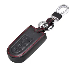 ダイハツ classy 本革 レザー キーケース アクセサリー 4つボタン 両側スライド ムーヴ Wellvie トール タント ウェイク スマートキーケース キーカバー キーホルダー（ブラック×レッド）