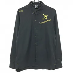 【超美品】オークリー 長袖シャツ 黒×イエロー スカル刺しゅう 胸ジップポケット ボタンダウン メンズ XL ゴルフウェア Oakley