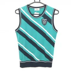 【新品】マンシングウェア ニットベスト グリーン×ネイビー 前面斜めボーダー コットン混 レディース L ゴルフウェア Munsingwear