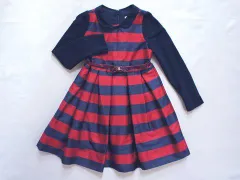 モナリザ monnalisa アウトレット 子供服 女の子 6歳 約 110cm 120cm 長袖 フォーマル ワンピース 発表会 パーティー 結婚式 ボーダー 紺 赤 秋 冬 ★4 冬服 ガールズ キッズ 【中古】 ユーズド 子ども服