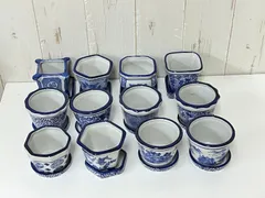 【龍馬】染付陶器の植木鉢　皿付き　十二点セット　盆栽　植物　多肉　庭園　お庭　中国　人気　訳有り