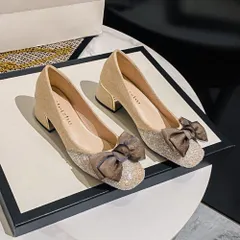 ☆ ベージュ ☆ 40(25cm) ☆ シューズ リボン ＋5センチヒール mmrs103d チャンキーヒール パンプス 5センチ ローヒールパンプス 5cm スクエアトゥパンプス 5センチヒール 結婚式 パーティー 二次会 2次会 リボン ラメ ビジュー