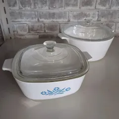 CORNING WARE コーニングウェア 蓋付き キャセロール ブルーフラワープリント 両手鍋 耐熱ガラス 調理器具 アメリカ製のサムネイル