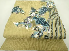 平和屋着物▽太鼓柄袋帯　スリーシーズン帯　春　夏　秋　駒刺繍　総刺繍　櫛織り　草花文　金糸　正絹　逸品　DAAQ3304ps