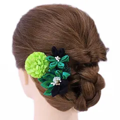 髪飾り 成人式 つまみ細工 振袖 前撮り 袴 浴衣 夏祭り 花火大会 豪華3点セット 緑 黄緑 黒 ちりめん ヘアアクセ 新作 かんざ No.9-3645