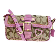 【中古】 コーチ COACH シグネチャー 斜め掛け ショルダーバッグ ポシェット ブラウン ピンク キャンバス スエード レザー 1485 03HD980