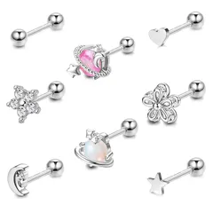 【在庫処分】ピアス ピアス ヘリックス 月 ネジ式キャッチ 星 ハート サージカルステンレス製 可愛い ジルコニア 金属アレルギー対応 レディース 軟骨ピアス 16G 花 ORAZIO[オラジオ]【8点セット】ボディピアス