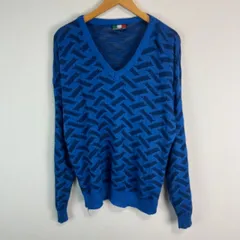 NUMERO UNO ヌメロウーノ アクリルニット セーター Vネック 総柄 ブルー メンズ 54サイズ 古着 カジュアル オーバーサイズ ゆるダボ イタリア製