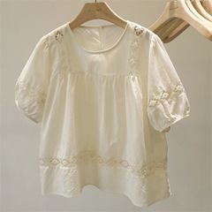 刺繍 ブラウス レディース 花柄 五分袖 半袖 パフスリーブ シャツ ブラウス レディース 刺繍ブラウス トップス 綿混 無地 春 夏 ゆったり 20代 30代 40代 おしゃ zzr06305786ae