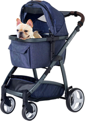 耐荷重 多頭 30kg 介護 2本付き リード 飛び出し防止 分離 取り外し キャリーコット 折りたたみ 前輪360°回転 （デニム） 4輪 バギー ペット ベビーカー 犬用 ファーストクラス ペット