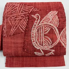 【美品】 名古屋帯 優品 渡文 鳥 幾何学模様 赤 正絹 【中古】