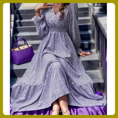 大きめ マキシドレス／ ディッシーフローラルプリント／ フラウンススリーブシャーリングドレス／総柄プリント Vネック ロング丈ワンピース／フラワーワンピース 小花柄  長袖／紫 パープル／4XL／カジュアル きれいめ デート  大人可愛い  春夏／インポート