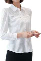 Elixio エリクシオ ブラウス シャツブラウス レディース レース 暖かい あったか 裏起毛 ストライプ 長袖 厚手 保温 秋 冬 春 襟つき 上品 おしゃれ オフィス 事務服(ホワイト,  M)