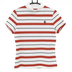 【美品】フットジョイ 半袖ハイネックシャツ 白×レッド ボーダー ロゴ刺しゅう レディース M ゴルフウェア FootJoy